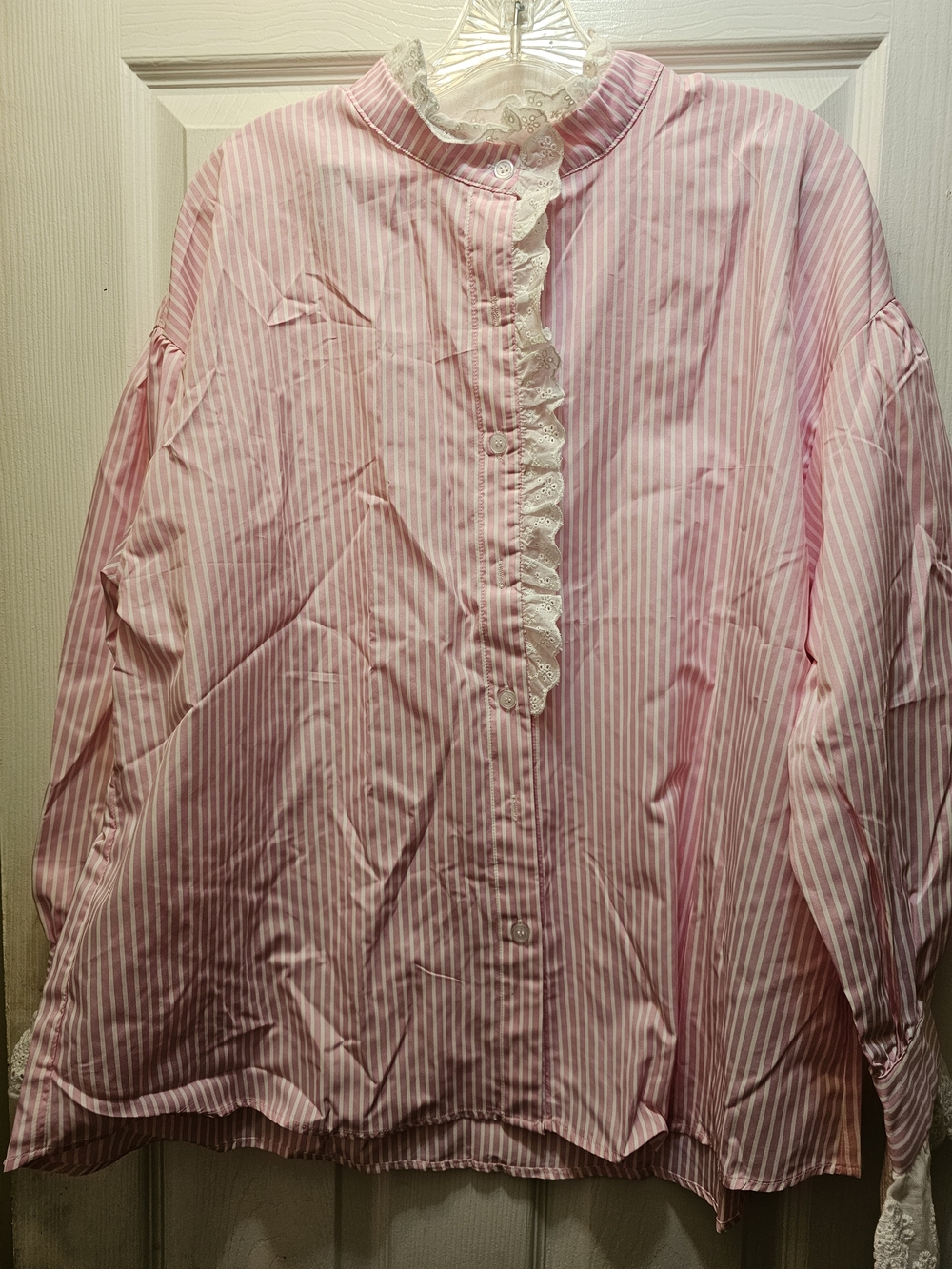 New Pink Striped Button-Up Shirt with Lace Trim